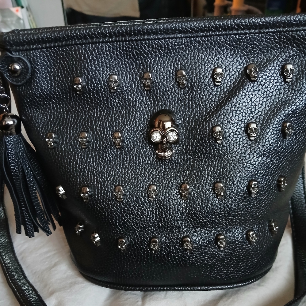 Black Skull Studded Pleather Bag